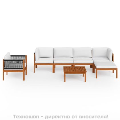 Градински комплект с възглавници, 7 части, кремаво дърво, акация и въже