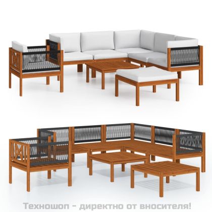 Градински комплект с възглавници, 8 части, кремаво дърво, акация и въже