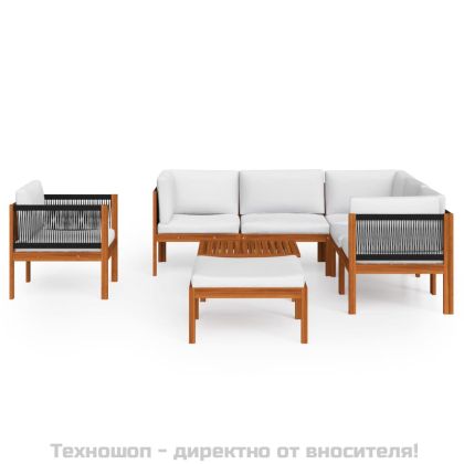 Градински комплект с възглавници, 8 части, кремаво дърво, акация и въже