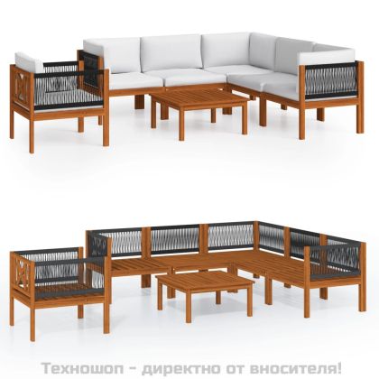 Градински комплект с възглавници, 7 части, кремаво дърво, акация и въже