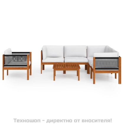 Градински комплект с възглавници, 7 части, кремаво дърво, акация и въже