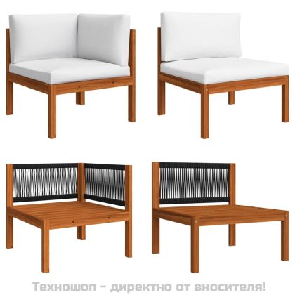 Градински комплект с възглавници, 7 части, кремаво дърво, акация и въже