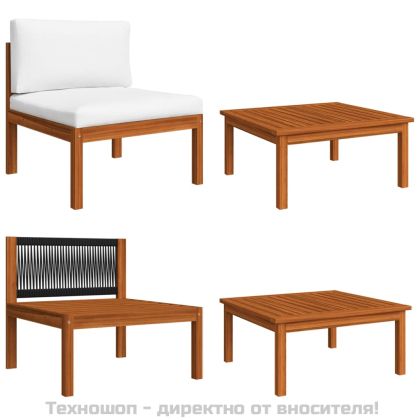 Градински комплект с възглавници, 7 части, кремаво дърво, акация и въже