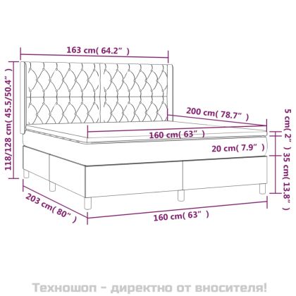 Боксспринг легло с матрак и LED, тъмносиво, 160x200 см, плат