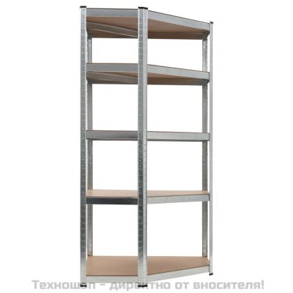 Ъглов стелаж с 5 рафта, сребрист, стомана и инженерно дърво