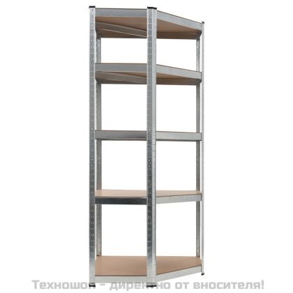 Ъглов стелаж с 5 рафта, сребрист, стомана и инженерно дърво