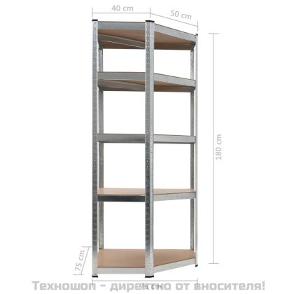 Ъглов стелаж с 5 рафта, сребрист, стомана и инженерно дърво