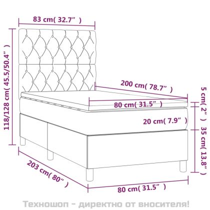 Боксспринг легло с матрак, тъмносив, 80x200 см, плат