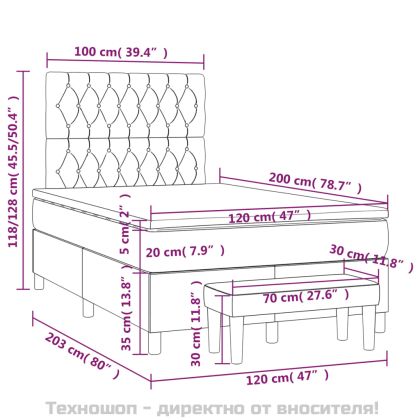 Боксспринг легло с матрак, тъмносиво, 120x200 см, кадифе