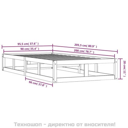 Рамка за легло, масивно дърво, 90x200 см