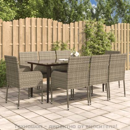 Градински трапезен комплект 9 части с възглавници сив полиратан
