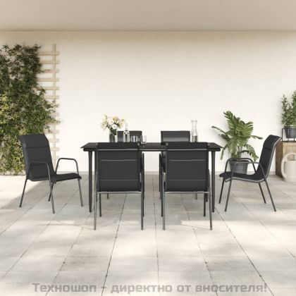Градински трапезен комплект 7 части черен стомана и текстилен