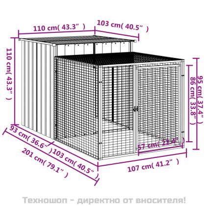 Клетка за пилета с ограждаща площадка, светло сива, 110x201x110 см, поцинкована стомана