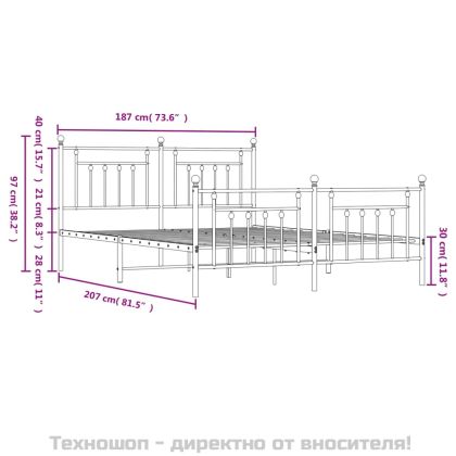 Метална рамка за легло с горна и долна табла, бяла, 180x200 см