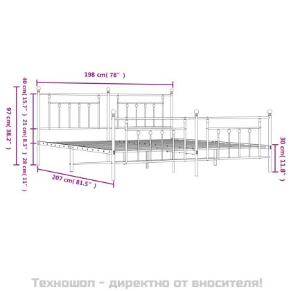 Метална рамка за легло с горна и долна табла, бяла, 193x203 см