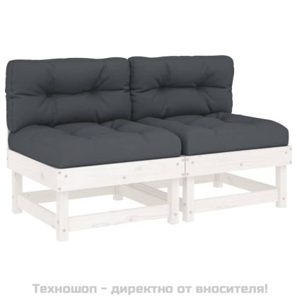 Средни дивани с възглавници, 2 бр, бели, борово дърво масив