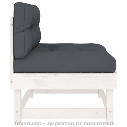 Среден диван с възглавници, бял, борово дърво масив