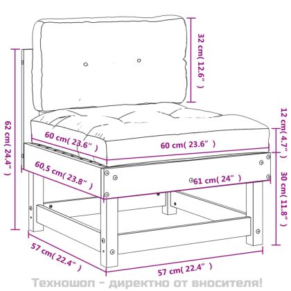 Среден диван с възглавници, бял, борово дърво масив
