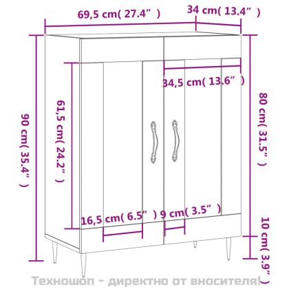 Сайдборд, бял гланц, 69,5x34x90 см, инженерно дърво