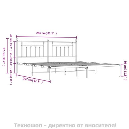 Метална рамка за легло с горна табла, бяла, 200x200 см