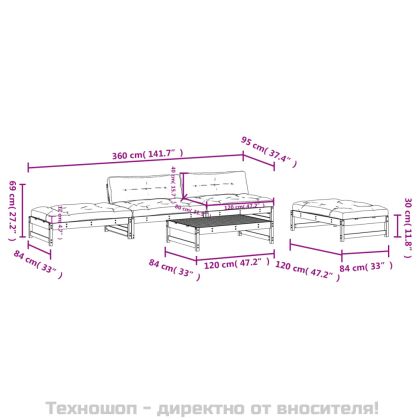 Градински комплект с възглавници, 5 части, дугласко дърво масив