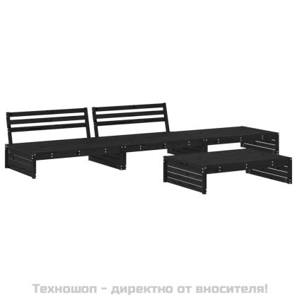 Градински лаундж комплект 4 части с възглавници черен бор масив