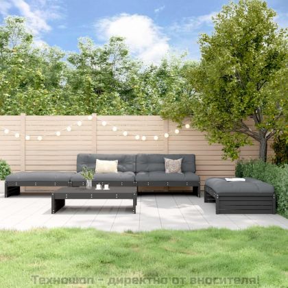 Градински комплект с възглавници, 5 части, черен, дърво масив