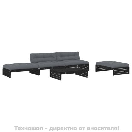 Градински комплект с възглавници, 5 части, черен, дърво масив