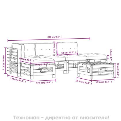 Градински комплект с възглавници, 6 части, сив, дърво масив