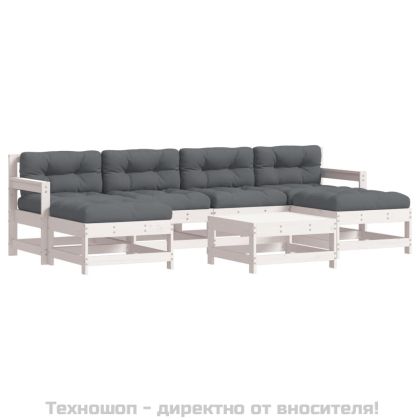 Градински лаундж комплект 7 части с възглавници бял бор масив