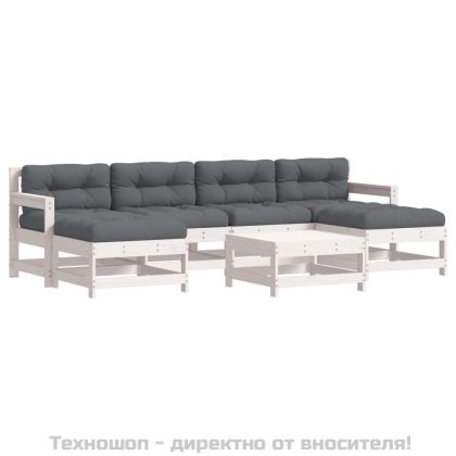 Градински лаундж комплект 7 части с възглавници бял бор масив