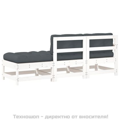 Градински комплект с възглавници, 3 части, бял, дърво масив