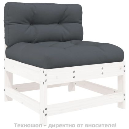 Градински комплект с възглавници, 3 части, бял, дърво масив