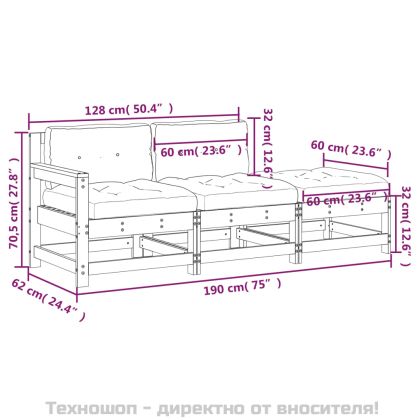 Градински комплект с възглавници, 3 части, черен, дърво масив