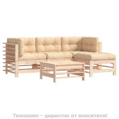 Градински комплект с възглавници, 5 части, дърво масив