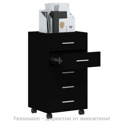 Шкаф с чекмеджета с колелца, черен, инженерно дърво