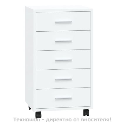 Шкаф с чекмеджета на колелца, бял гланц, инженерно дърво
