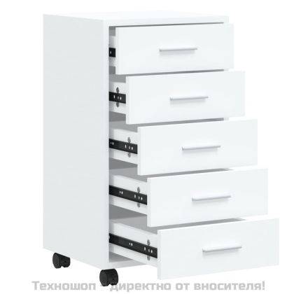 Шкаф с чекмеджета на колелца, бял гланц, инженерно дърво
