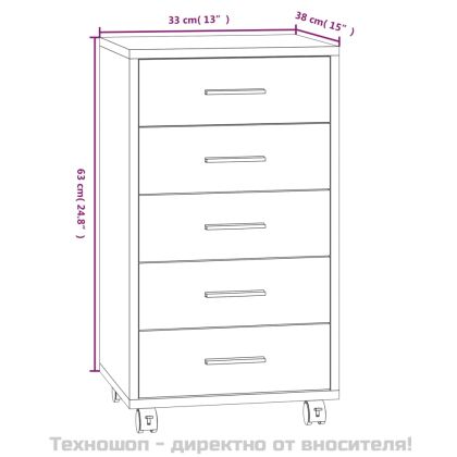 Шкаф с чекмеджета на колелца, бял гланц, инженерно дърво