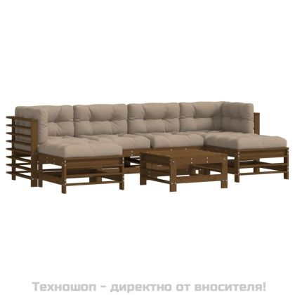 Градински комплект 7 части възглавници меденокафяв дърво масив