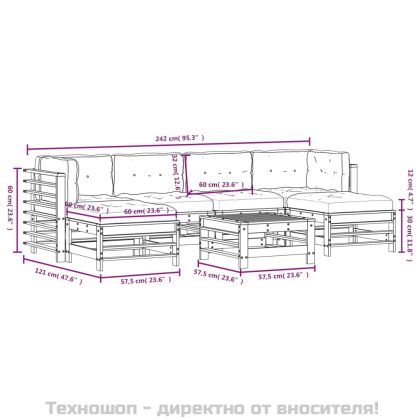 Градински комплект 7 части възглавници меденокафяв дърво масив