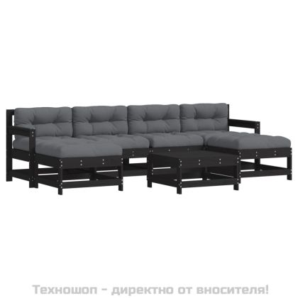 Градински лаундж комплект 7 части с възглавници черен бор масив