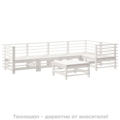 Градински комплект с възглавници, 6 части, бял, дърво масив