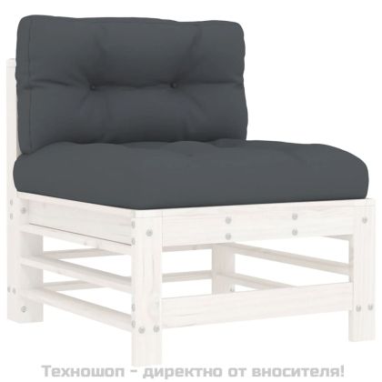 Градински комплект с възглавници, 6 части, бял, дърво масив