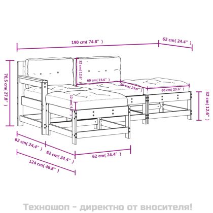 Градински комплект с възглавници, 4 части, сив, дърво масив