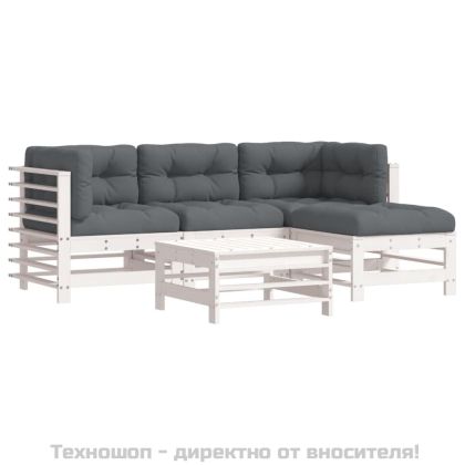 Градински комплект с възглавници, 5 части, бял, дърво масив