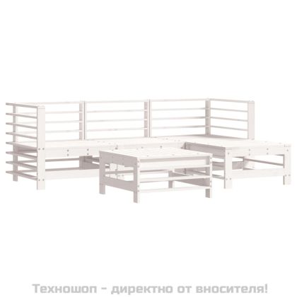 Градински комплект с възглавници, 5 части, бял, дърво масив