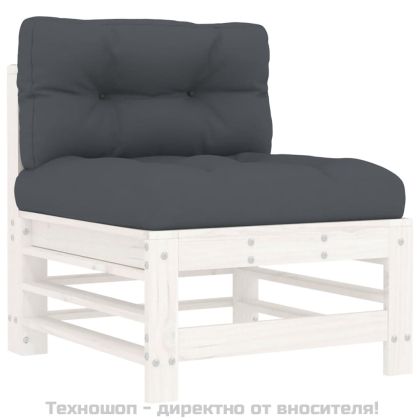 Градински комплект с възглавници, 5 части, бял, дърво масив