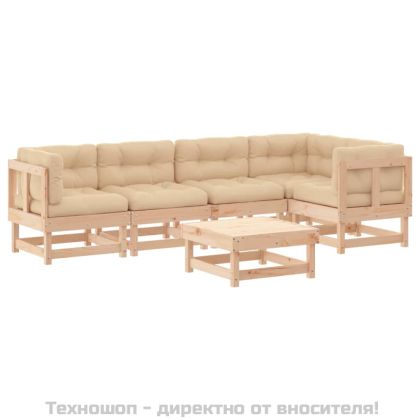 Градински комплект с възглавници, 6 части, дърво масив