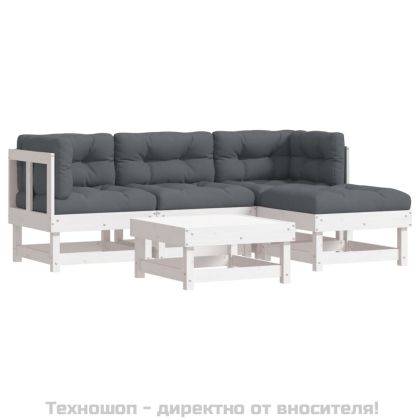 Градински комплект с възглавници, 5 части, бял, дърво масив